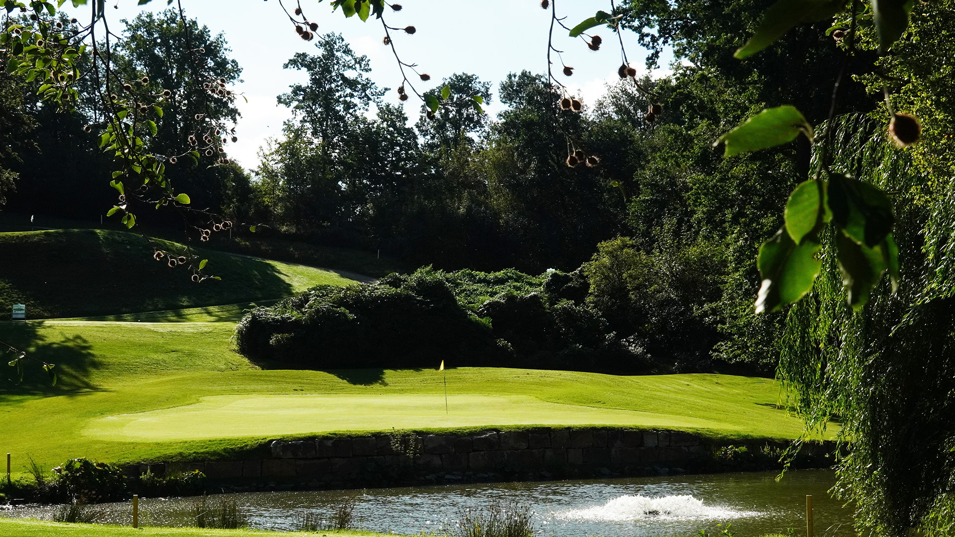 Blick auf den Teich und das Grün der Bahn 5